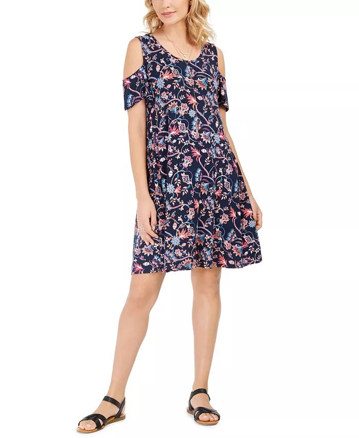 Style & Co Women's Printed Cold Shoulder Swing Dress Navy Size Medium