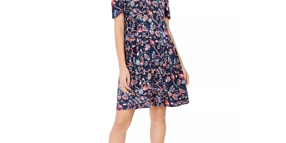 Style & Co Women's Printed Cold Shoulder Swing Dress Navy Size Medium