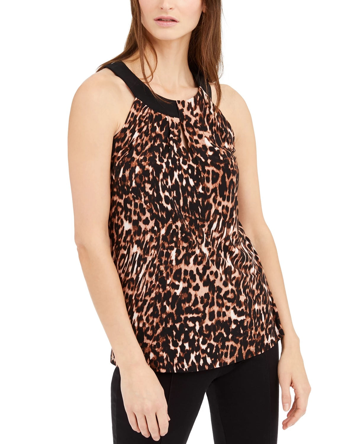 INC International Concepts Women's Petite Cat-Print Keyhole-Neck Top Black Size Medium