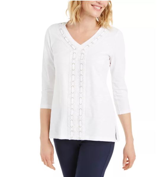 JM Collection Women's Crochet Trimmed Laced Textured Top White Size Medium