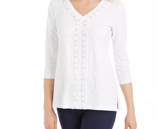 JM Collection Women's Crochet Trimmed Laced Textured Top White Size Medium