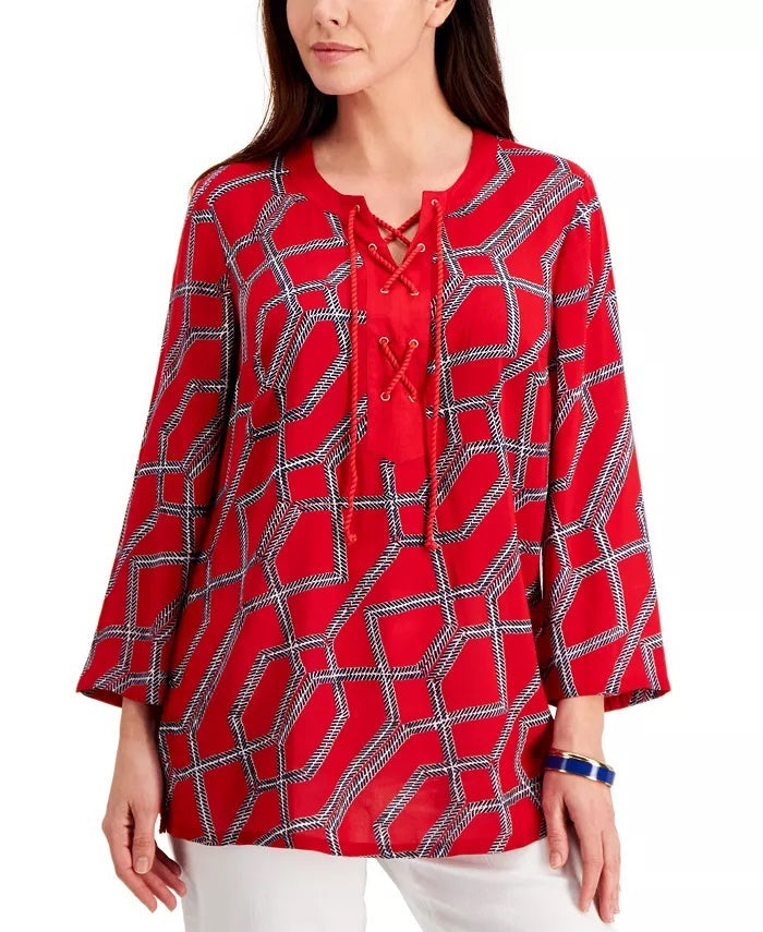 Charter Club Women's Cotton Printed Lace-Up Tunic Red Size X-Large