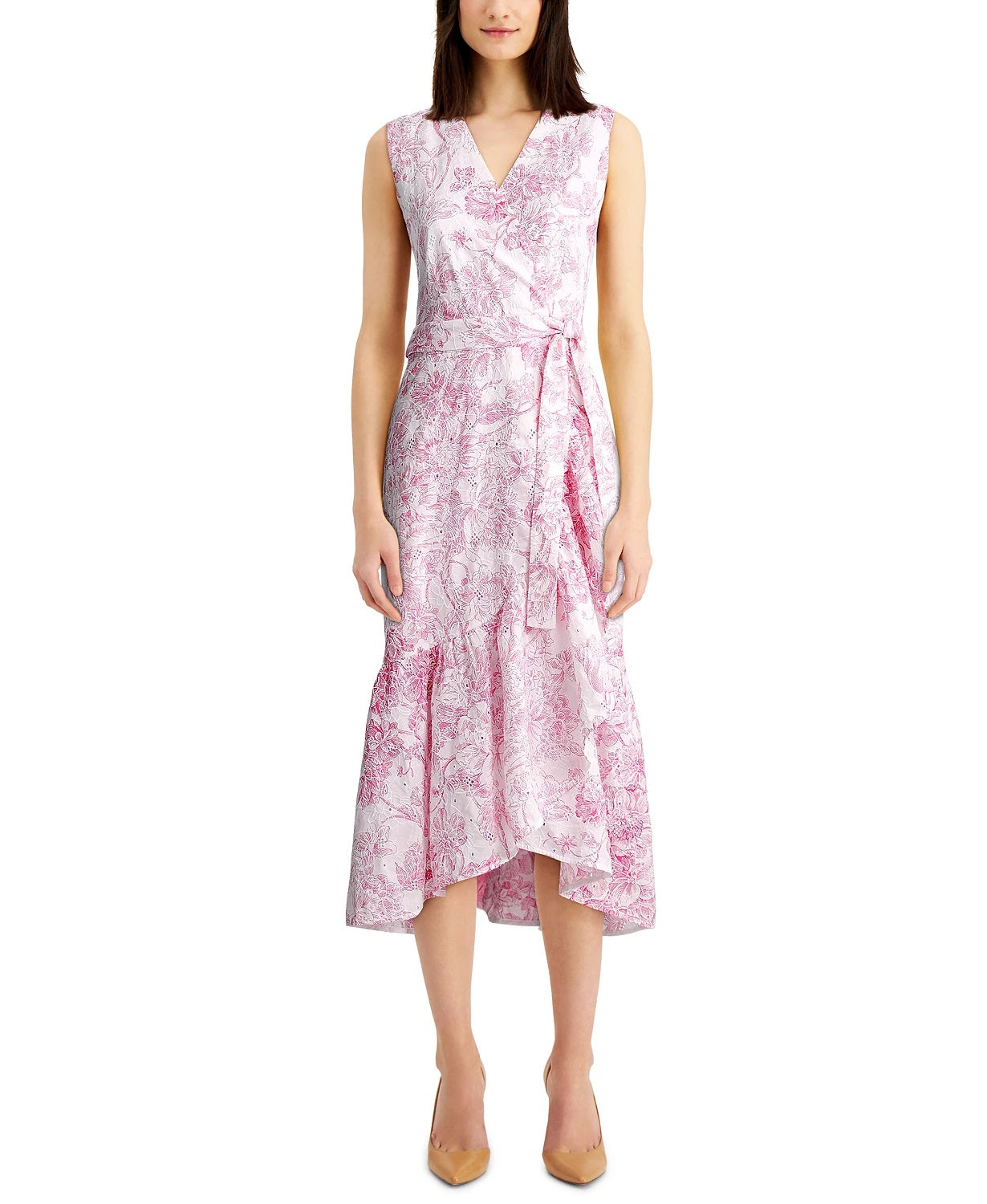 Charter Club Women's Printed Eyelet Ruffled Faux-Wrap Dress Dark Pink Size 8