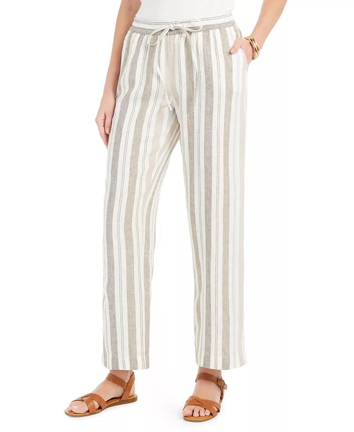 Charter Club Women's Striped Linen Pants Brown Size Large