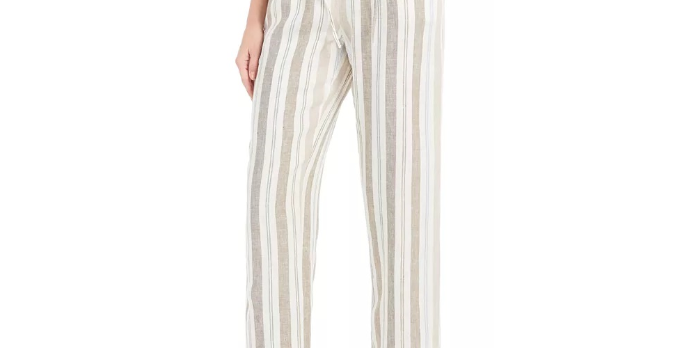 Charter Club Women's Striped Linen Pants Brown Size Large