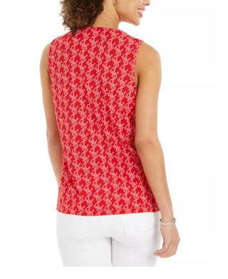 Charter Club Women's Printed Drawstring Neck Top Red Size Medium
