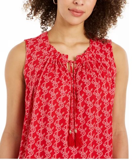 Charter Club Women's Printed Drawstring Neck Top Red Size Medium
