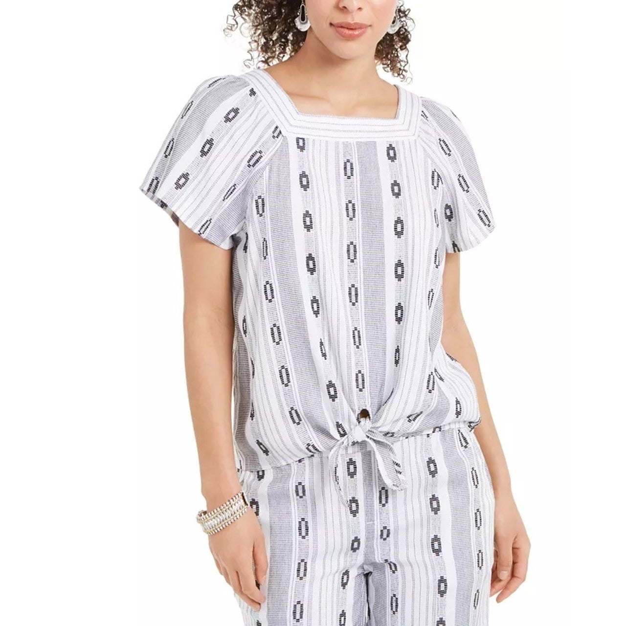 Style & Co Women's Printed Square Neck Tie Front Top White Size Medium