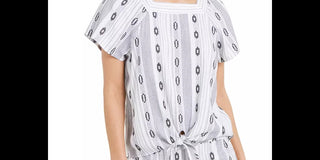 Style & Co Women's Printed Square Neck Tie Front Top White Size Medium