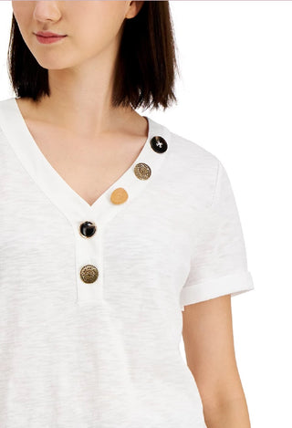 JM Collection Women's Mixed Button Top White Size Medium