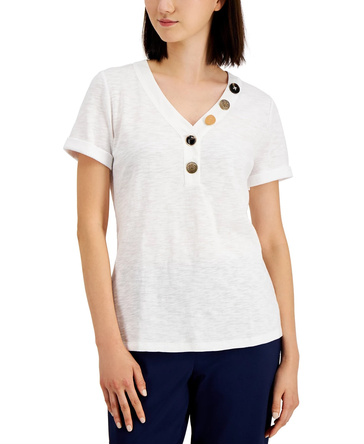 JM Collection Women's Mixed Button Top White Size Small