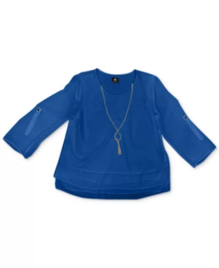 JM Collection Women's Rolled Tab Sleeve Necklace Top Blue Size Small