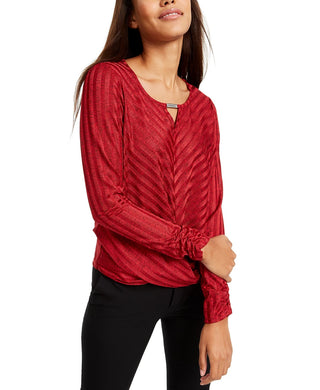 BCX Juniors' Rhinestone-Neckline Striped Top Red Size Extra Small