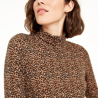 Bar III Women's Animal Print Turtleneck Top Brown Size Small