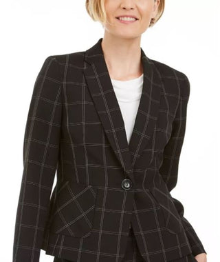 Kasper Women's Windowpane Plaid One Button Blazer Charcoal Size 8