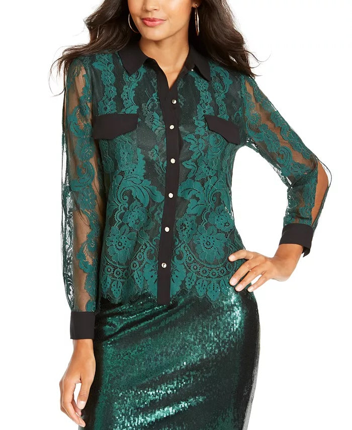 Thalia Sodi Women's Mixed Media Button Up Shirt Green Size Medium