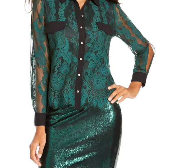 Thalia Sodi Women's Mixed Media Button Up Shirt Green Size Medium