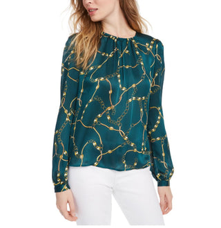 Leyden Women's Green, gold chain printed blouse Size Medium