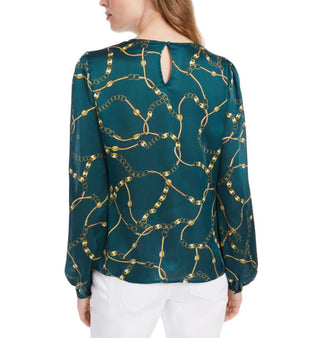 Leyden Women's Green, gold chain printed blouse Size Medium