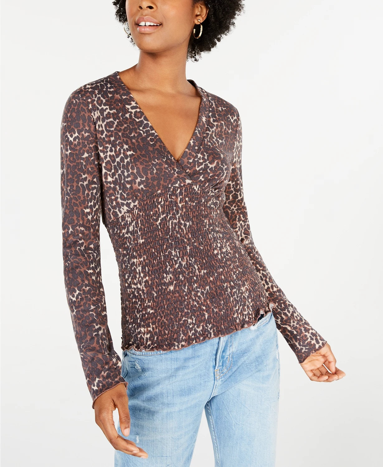 Freshman Junior's Printed Smocked Top Brown Size X-Large