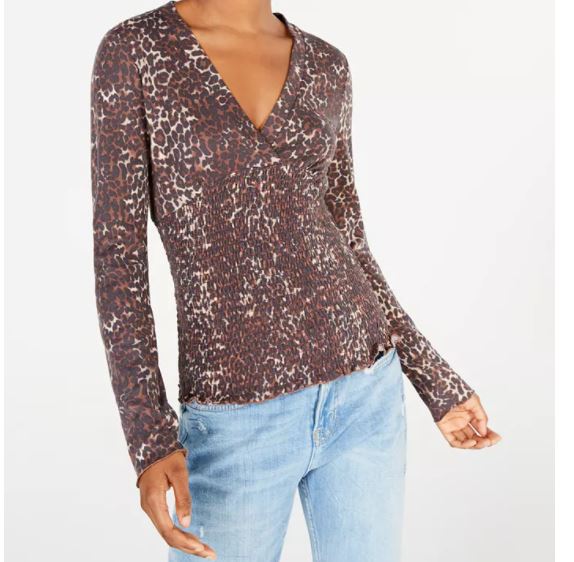 Freshman Junior's Printed Smocked Top Brown Size X-Large