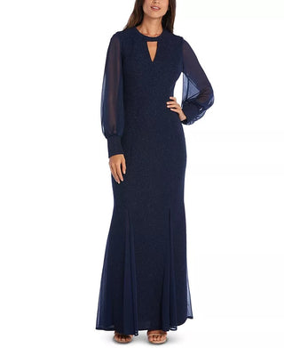 Nightway Women's Long-Sleeve Keyhole Gown Navy Size 10