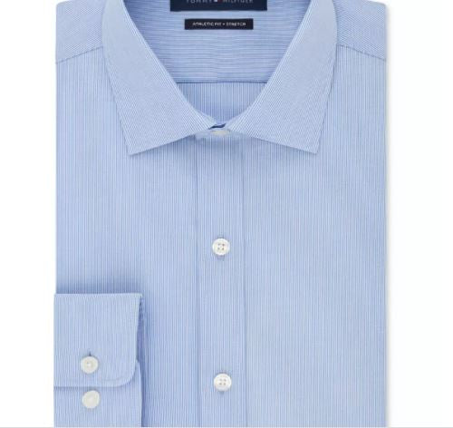 Tommy Hilfiger Men's Athletic Fit Performance Stretch Th Flex Collar Fineline Stripe Dress Shirt Bright Blue Size 15.5X34X35