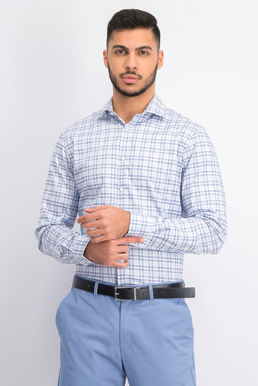 Tommy Hilfiger Men's Fitted Performance Stretch Blue Check Dress Shirt Navy Size 15.5X32-33