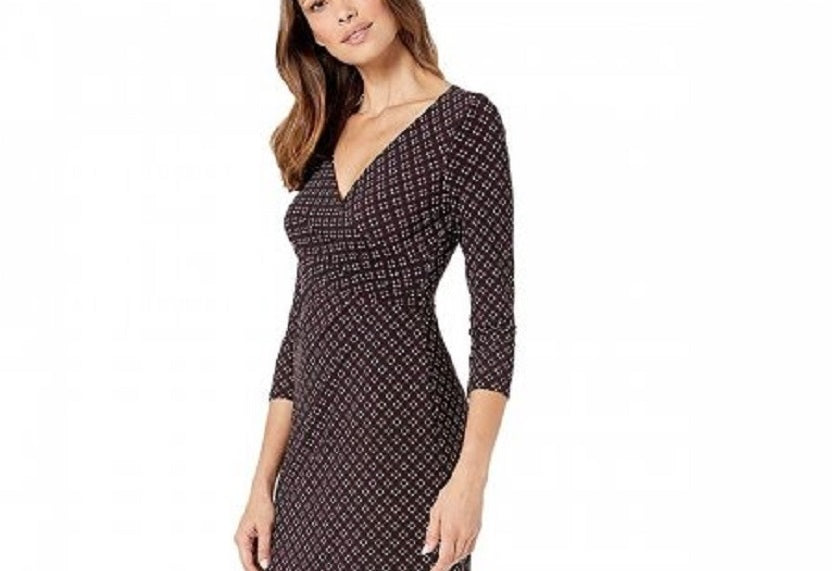 Ralph Lauren Printed Matte Jersey Cleora Long Sleeve Day Dress (Black/Passion Plum/Cream) Clothing Black Size 18