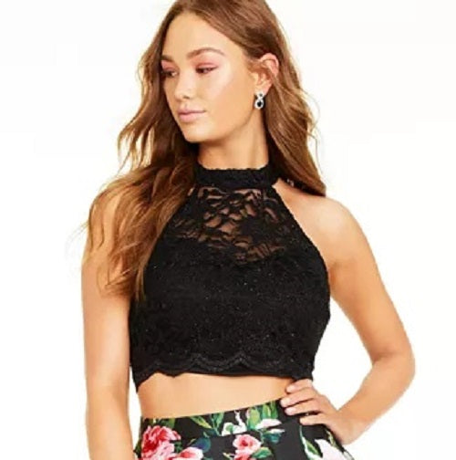 City Studios Juniors' 2-Pc. Lace Halter Top & Floral-Print Skirt Med Pink Size 1