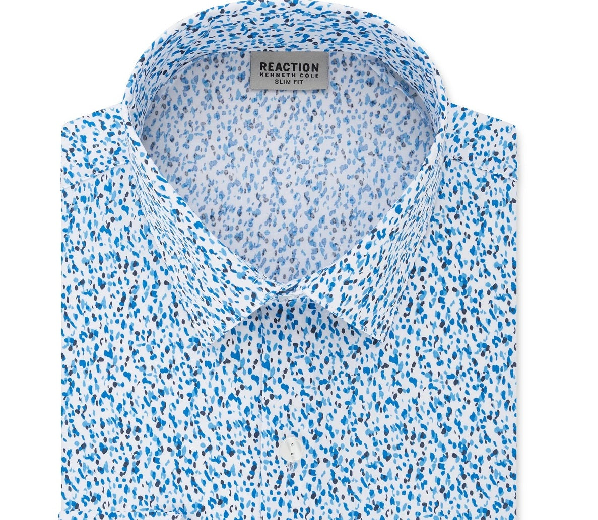 Kenneth Cole Reaction Men's All Day Flex Slim-Fit Performance Stretch Printed Dress Shirt Blue Size 14.5X32-33
