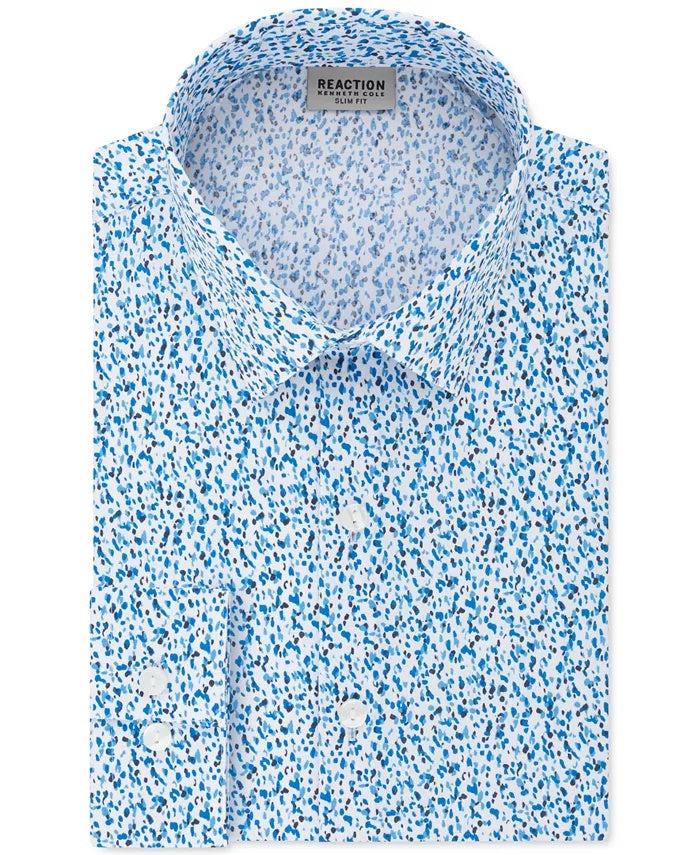 Kenneth Cole Reaction Men's All Day Flex Slim-Fit Performance Stretch Printed Dress Shirt Blue Size 15.5X34-35