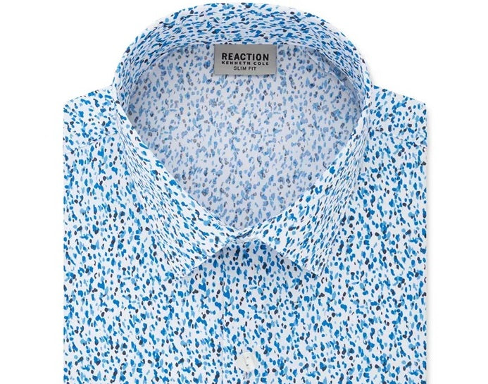 Kenneth Cole Reaction Men's All Day Flex Slim-Fit Performance Stretch Printed Dress Shirt Blue Size 15.5X34-35
