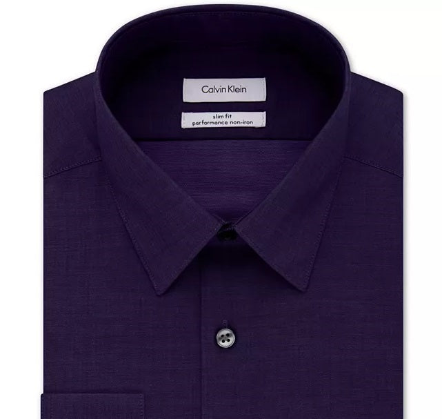 Calvin Klein Steel Men's Slim Fit Non Iron Performance Herringbone Point Collar Dress Shirt Purple Size 16X34-35