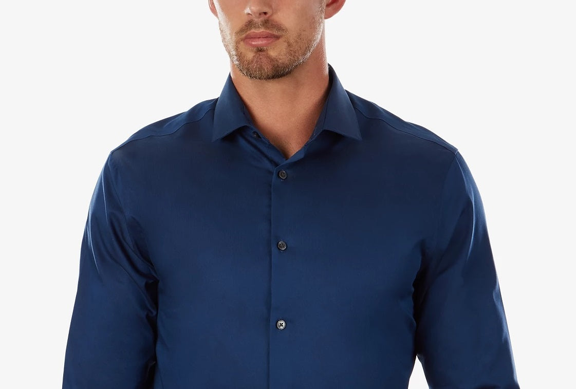 Calvin Klein Men's Steel Extra-Slim Fit Non-Iron Performance Herringbone Dress Shirt Med Blue Size 32-33
