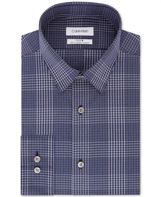 Calvin Klein Steel Men's Steel Slim-Fit Stretch Performance Non-Iron Temperature Regulating Blue Check Dress Shirt Navy Size 36x37