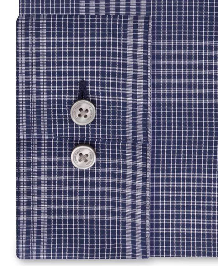 Calvin Klein Steel Men's Steel Slim-Fit Stretch Performance Non-Iron Temperature Regulating Blue Check Dress Shirt Navy Size 36x37