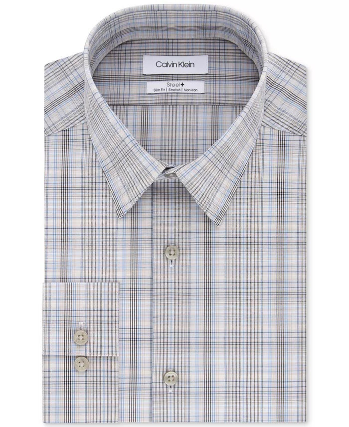 Calvin Klein Men's Slim-Fit Stretch Performance Plaid Dress Shirt Beige Size 34-35