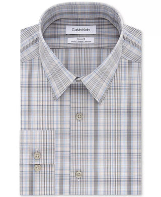 Calvin Klein Men's Slim-Fit Stretch Performance Plaid Dress Shirt Beige Size 34-35