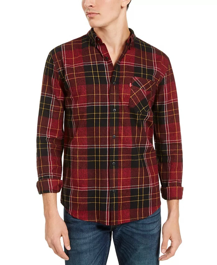 Levi's Men's Booth Regular-Fit Plaid Flannel Shirt Red overflw Size Medium