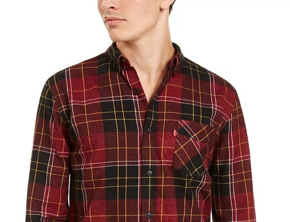 Levi's Men's Booth Regular-Fit Plaid Flannel Shirt Red overflw Size Medium