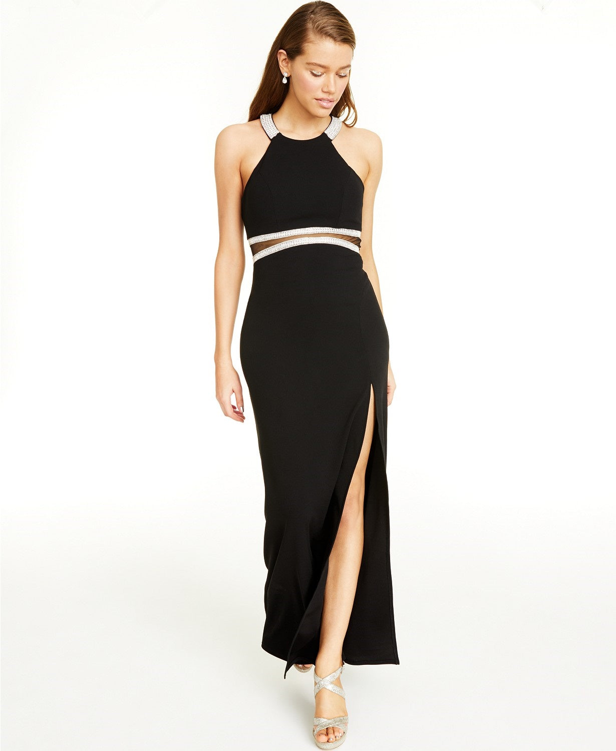 Sequin Hearts Juniors' Illusion-Waist Halter Gown Black Size 11
