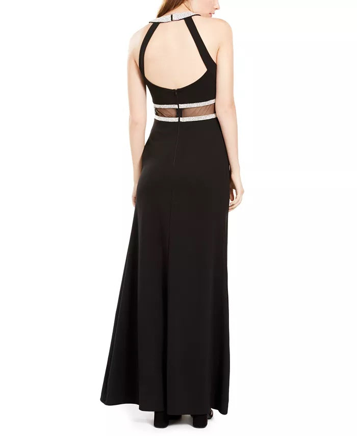 Sequin Hearts Juniors' Illusion-Waist Halter Gown Black Size 1