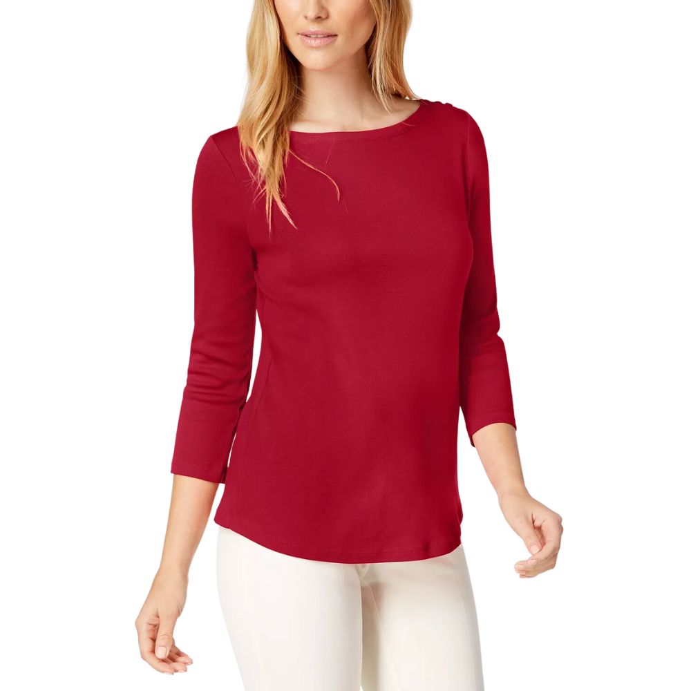 Charter Club Women's Pima Cotton Boat Neck Button Shoulder Top Red Size X-Small