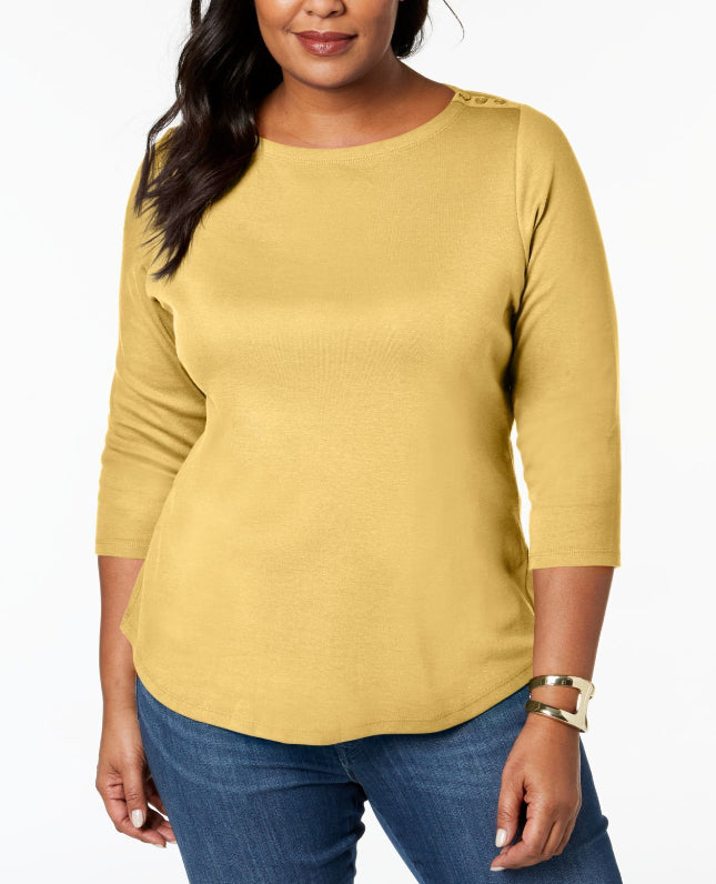 Charter Club Women's Petite Pima Cotton Button-Shoulder Top Yellow Size Petite Small