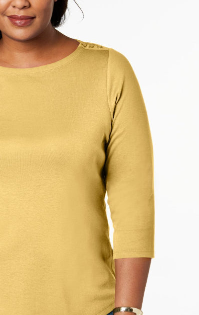 Charter Club Women's Petite Pima Cotton Button-Shoulder Top Yellow Size Petite Small