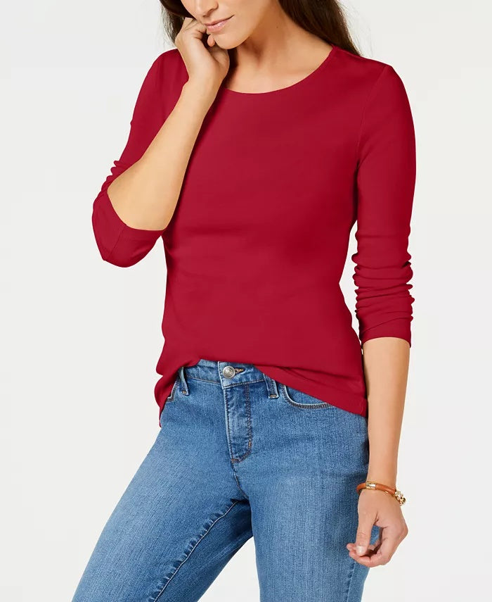 Charter Club Women's Pima Cotton Long-Sleeve Top Red Size Small