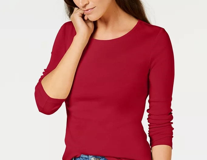 Charter Club Women's Pima Cotton Long-Sleeve Top Red Size Small