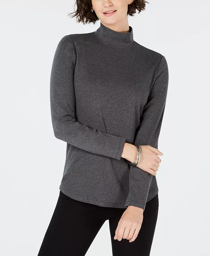 Charter Club Women's Cotton Mock-Neck Top Dark Gray Size Large