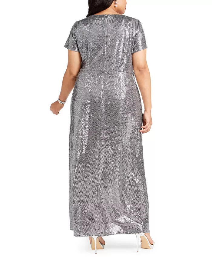 R & M Richards Women's Plus Size Draped Sequined Gown Silver Size 14